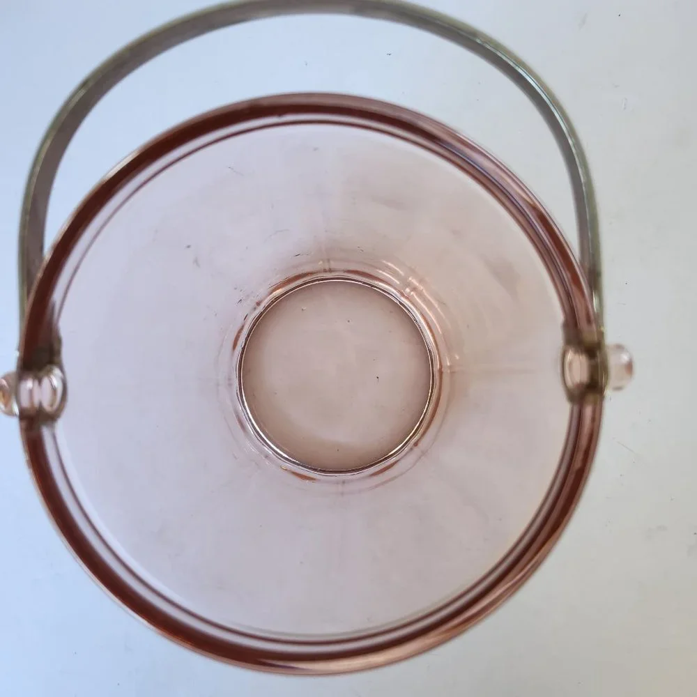Antique Pink Depression Glass Minimalist Ice Bucket with Silver Handle